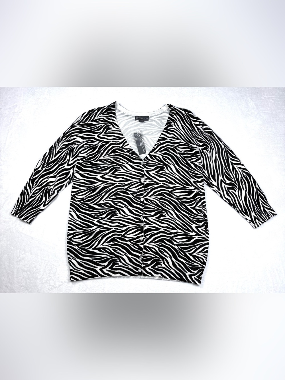 Covington Black and White Zebra-Striped Button Cardigan
